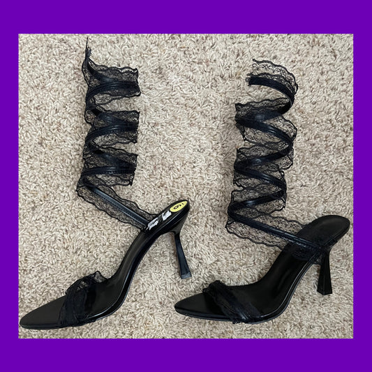 Black Lace Spiral Wrap Heels